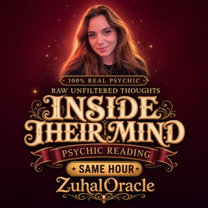 May include: A digital graphic featuring a person with long brown hair above gold and red text that reads 100% REAL PSYCHIC, RAW UNFILTERED THOUGHTS, INSIDE THEIR MIND, PSYCHIC READING, SAME HOUR, and ZuhalOracle against a dark red background.