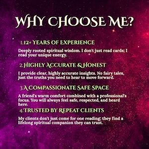 Pode incluir: Um gr&aacute;fico com fundo de nebulosa roxa e magenta com o texto WHY CHOOSE ME?, seguido por quatro pontos: 1. 12+ YEARS OF EXPERIENCE, 2. HIGHLY ACCURATE & HONEST, 3. A COMPASSIONATE SAFE SPACE e 4. TRUSTED BY REPEAT CLIENTS com descri&ccedil;&otilde;es.