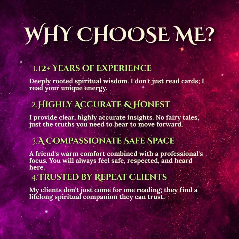 Pode incluir: Um gr&aacute;fico com fundo de nebulosa roxa e magenta com o texto WHY CHOOSE ME?, seguido por quatro pontos: 1. 12+ YEARS OF EXPERIENCE, 2. HIGHLY ACCURATE & HONEST, 3. A COMPASSIONATE SAFE SPACE e 4. TRUSTED BY REPEAT CLIENTS com descri&ccedil;&otilde;es.