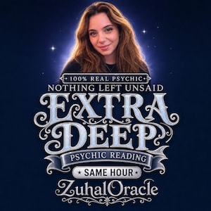 Può includere: Un grafico digitale che mostra una persona con lunghi capelli castani su uno sfondo blu scuro. Il testo recita: 100% REAL PSYCHIC, NOTHING LEFT UNSAID, EXTRA DEEP, PSYCHIC READING, SAME HOUR e ZuhalOracle in un carattere argentato decorativo.