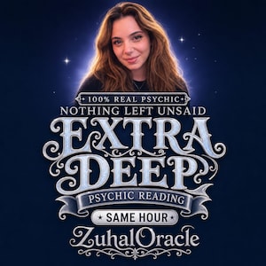 May include: A digital graphic featuring a person with long wavy brown hair above stylised silver text that reads 100% REAL PSYCHIC, NOTHING LEFT UNSAID, EXTRA DEEP, PSYCHIC READING, SAME HOUR, and ZuhalOracle against a dark blue background.