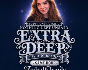 May include: A digital graphic featuring a person with long wavy brown hair above stylized silver text that reads 100% REAL PSYCHIC, NOTHING LEFT UNSAID, EXTRA DEEP, PSYCHIC READING, SAME HOUR, and ZuhalOracle against a dark blue background.