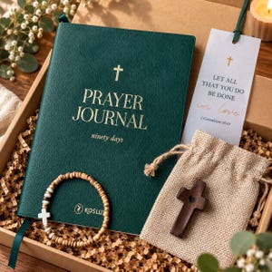 Prayer Journal for Women, Christian Prayer Journal Gift Set, 90 Day Faith Journal with Walnut Cross, Bracelet & Scripture Bookmark