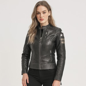Women's Black Leather Star Patch Cafe Racer Biker Jacket – Padded Shoulder Outerwear