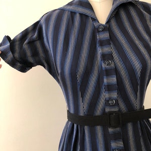 1950s blue and grey striped shirt dress, small image 2