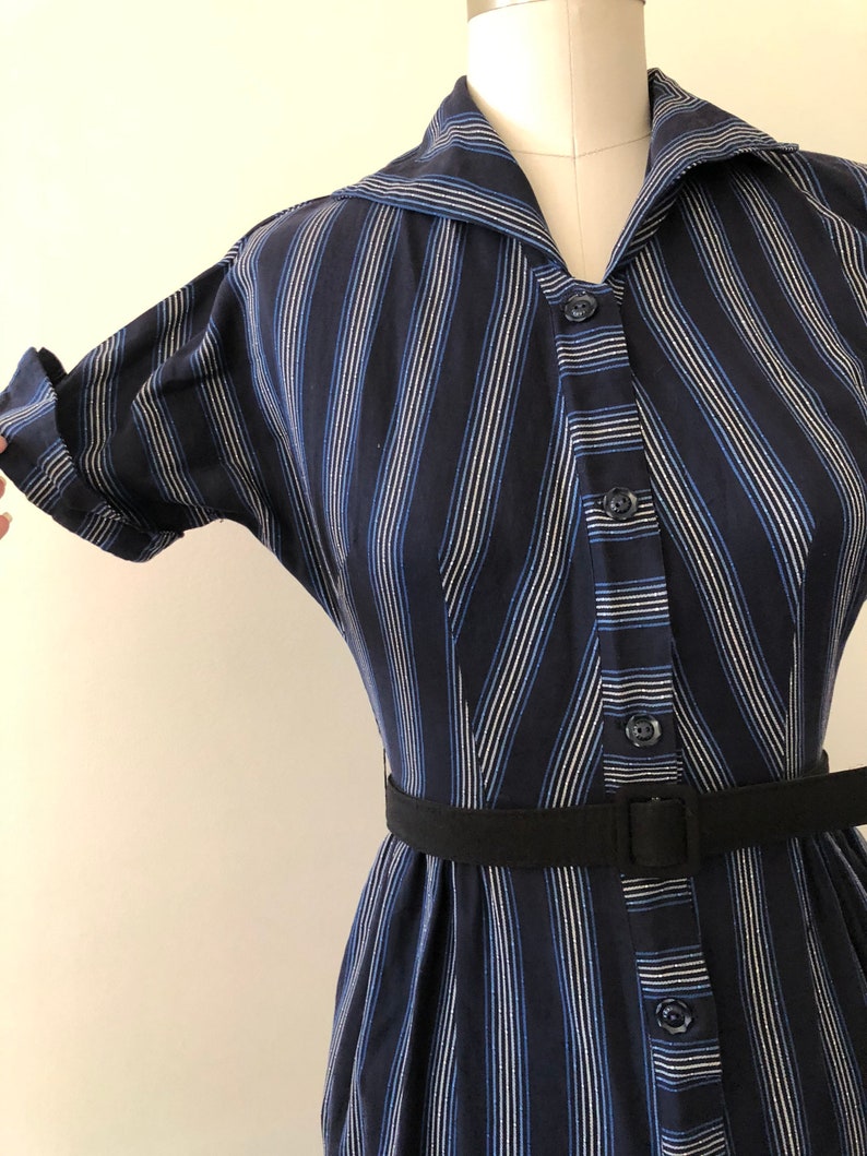 1950s blue and grey striped shirt dress, small image 2