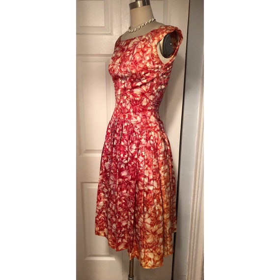 1950s pink floral fit and flare party dress