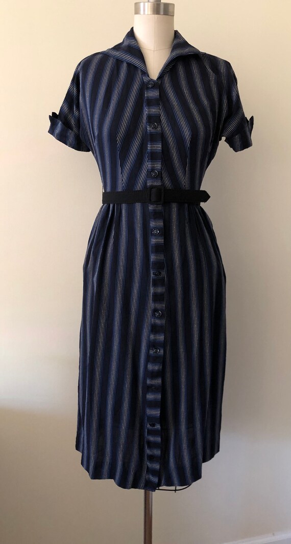 1950s blue and grey striped shirt dress, small - image 6