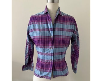 1950s purple and blue plaid button up shirt with dolman sleeves and collar, small to medium