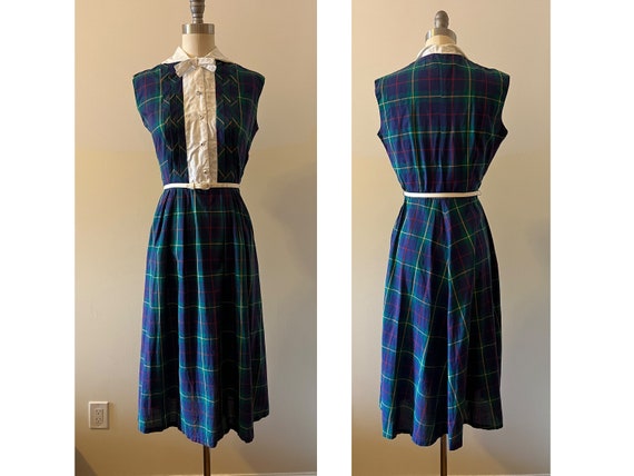 1960s green and blue plaid collared dress - image 1
