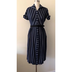 1950s blue and grey striped shirt dress, small image 1