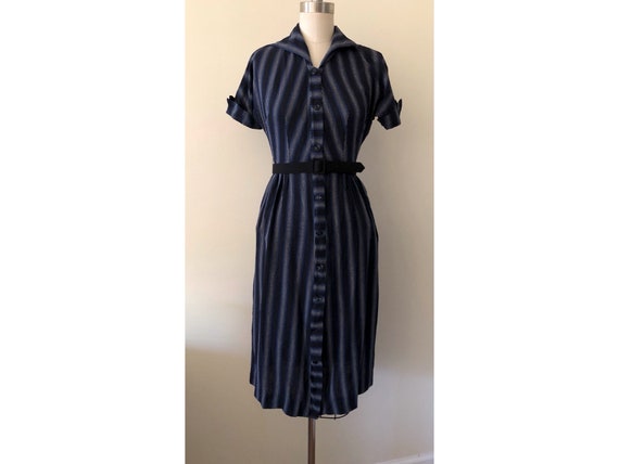 1950s blue and grey striped shirt dress, small - image 1