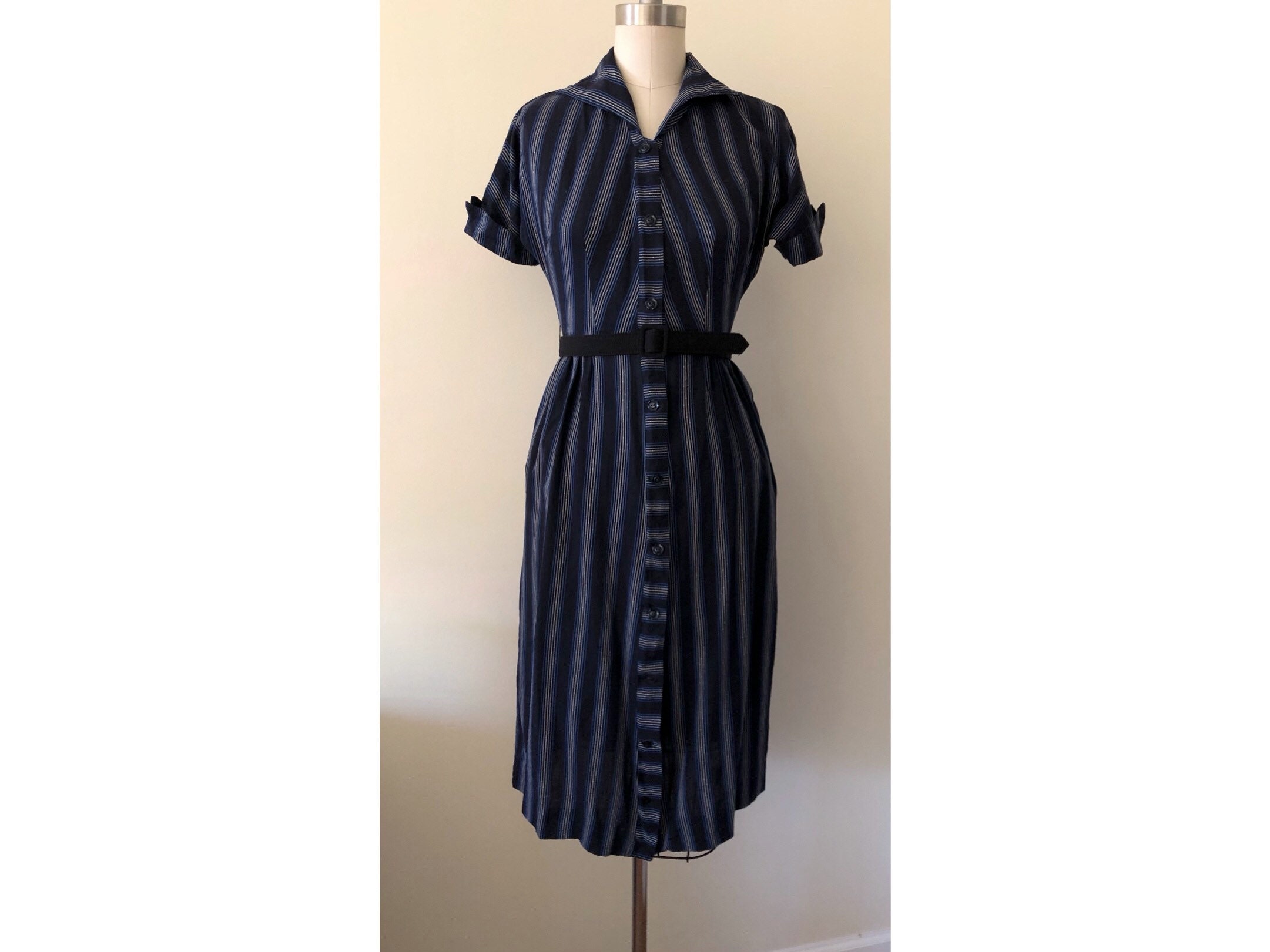 blue and white striped shirt dress with leather belt, vintage