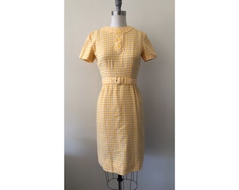 1960s yellow and white gingham check pencil dress with belt, medium