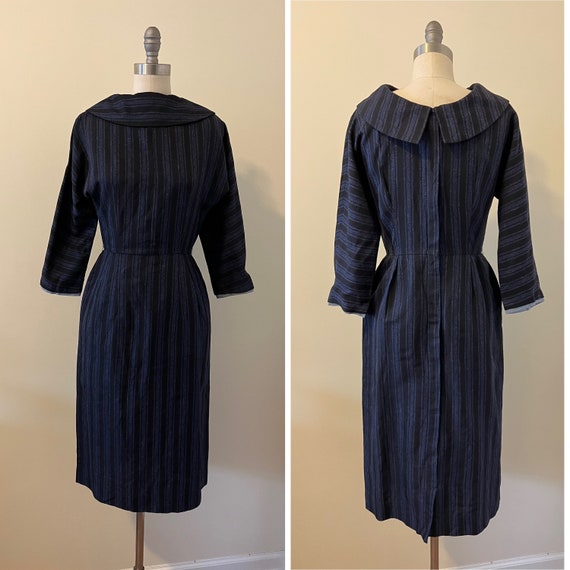 Late 50s/ early 60s blue and black wiggle dress w… - image 1