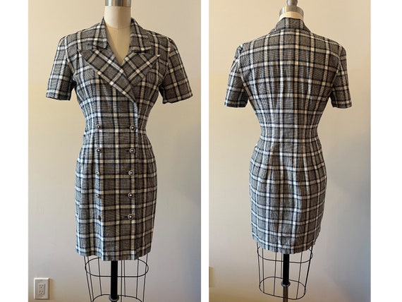 1980s blazer style collared plaid mini dress - image 1