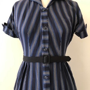 1950s blue and grey striped shirt dress, small image 3