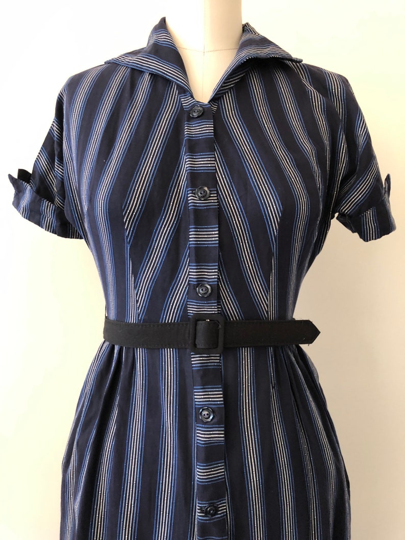 1950s blue and grey striped shirt dress, small image 3