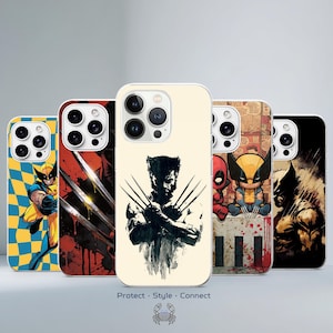 May include: Five smartphone cases featuring various graphic illustrations of the character Wolverine. The designs include a yellow and blue checkered background, metallic claw marks, a black ink-style portrait, and a comic book scene with Deadpool.