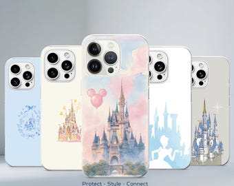 Coque de téléphone Château Disney, motif dessin animé Disneyland, compatible avec iPhone 17 Pro, 16, 15, 14, 13, 12, Samsung S26, S25, S24, S23 Fe, A16, A56 et Pixel 10