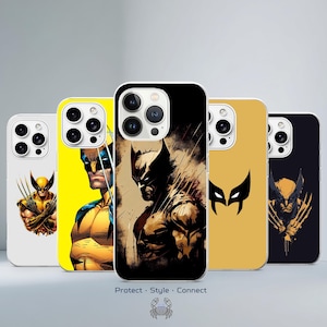 May include: Five smartphone cases featuring various graphic illustrations of the character Wolverine. The designs include full-color portraits, a minimalist mask icon, and stylized sketches in yellow, black, and brown tones. The text Protect Style Connect is visible.