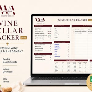 May include: A digital wine cellar tracker spreadsheet displayed on a laptop screen. The interface features sections for wine essentials, color distribution, top regions, and a cellar overview. Text includes Wine Advice Wine Cellar Tracker Pro.