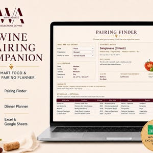 Può includere: Un computer portatile che mostra un'interfaccia Wine Pairing Companion con uno strumento Pairing Finder, che presenta opzioni di abbinamento cibo-vino, profili di stile e un foglio di calcolo per la cantina. Lo schermo include testo come Wine Advice e Pairing Finder.