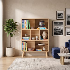 May include: A light wood bookshelf with four tiers and tapered legs, featuring various books with colorful spines, several ceramic bowls, a large iridescent vase, a beige sculptural vase, a small bird figurine, and a shallow bowl on the shelves.