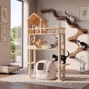 May include: A multi-level wooden cat tree featuring a house-shaped top enclosure, sisal-wrapped support posts, and a platform for a white enclosed litter box. A separate wall-mounted, winding wooden cat climbing structure is attached to the wall.