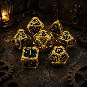 May include: A set of seven polyhedral dice featuring a dark blue core with intricate gold-colored metal mechanical gear and pipe detailing. Each die face displays embossed numbers in a bold font, with the design elements creating a complex, layered appearance across the various geometric shapes of the dice set.