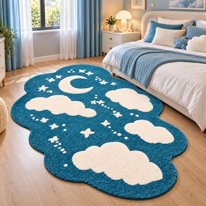 Hand-Tufted Celestial Moon Clouds Rug, New Zealand Wool, Deep Blue Stars (Made in India)
