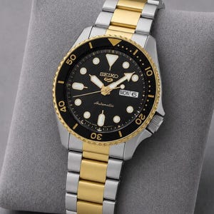 Vintage Seiko 5 Sports Automatic Watch – Black Dial – Black & Gold Bezel - Two-Tone Stainless Steel Bracelet