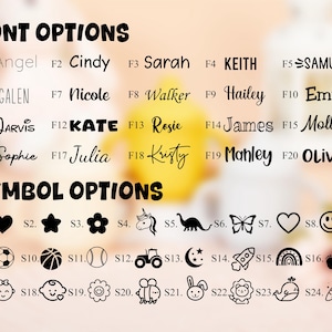 Pu&ograve; includere: Una tabella di testo nero che mostra FONT OPTIONS etichettate da F1 a F20 con vari stili tipografici e SYMBOL OPTIONS etichettate da S1 a S24 con icone nere tra cui cuori, stelle, animali, palloni sportivi e veicoli.
