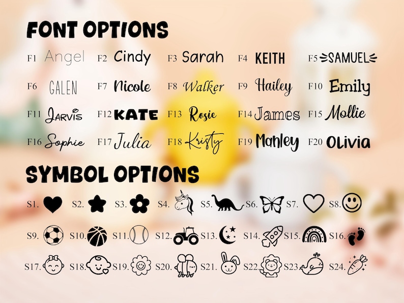 Pu&ograve; includere: Una tabella di testo nero che mostra FONT OPTIONS etichettate da F1 a F20 con vari stili tipografici e SYMBOL OPTIONS etichettate da S1 a S24 con icone nere tra cui cuori, stelle, animali, palloni sportivi e veicoli.
