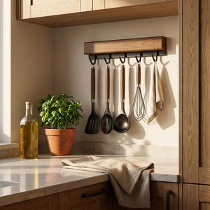 May include: A wall-mounted wooden kitchen utensil rack with six black metal hooks. Hanging from the hooks are a black slotted turner, a black spoon, a black ladle, a wire whisk, and a beige cloth, all featuring matching wooden handles.