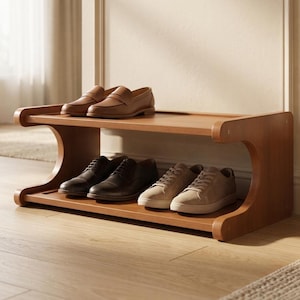 May include: A two-tier wooden shoe rack with a curved side frame design. The top shelf holds a pair of tan leather loafers. The bottom shelf holds a pair of dark brown leather dress shoes and a pair of light beige suede trainers.