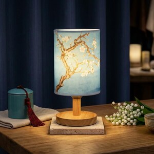 Wooden Table Lamp with Van Gogh Almond Blossom Shade, Fabric Cylinder Lamp Marble Base, Japandi Bedside Lamp, Art Nouveau Home Decor