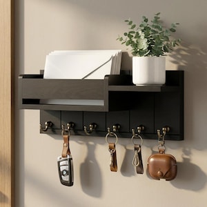May include: A black wall-mounted organizer featuring a mail slot, a flat shelf holding a white potted plant, and six bronze-toned metal hooks. Several keychains and a brown leather case are hanging from the hooks, while white envelopes sit inside the mail slot.