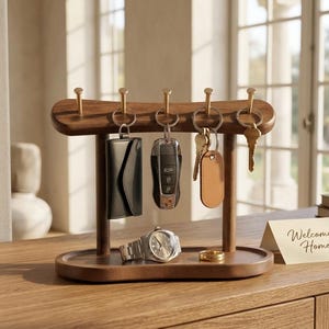 Wooden Key Holder Stand, Valet Tray with Brass Hooks, Walnut Console Organizer, Watch & Wallet Tray, Gift for Him, Entryway Decor