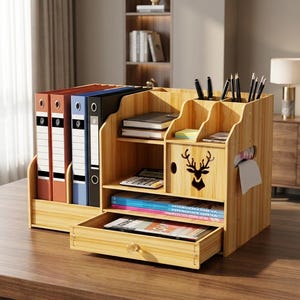 May include: A light wood desk organizer featuring vertical slots for four binders, multiple open shelves for books and a calculator, a small cabinet door with a black deer head cutout, a pull-out drawer, and top compartments for pens and pencils.