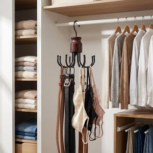 8 Hook Ceiling Mount Organizer, Wooden Closet Hanger, Bra Storage Rack, Rotating Scarf & Belt Holder, Rustic Wood Hook Hanger