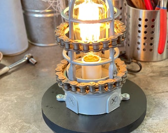 Moto themed desk lamp, with motorcycle chain and Edison bulb