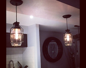 PAIR of lights/ KIT INCLUDED  Mason Jar Light, Single Drop Chandeliers, Industrial Design