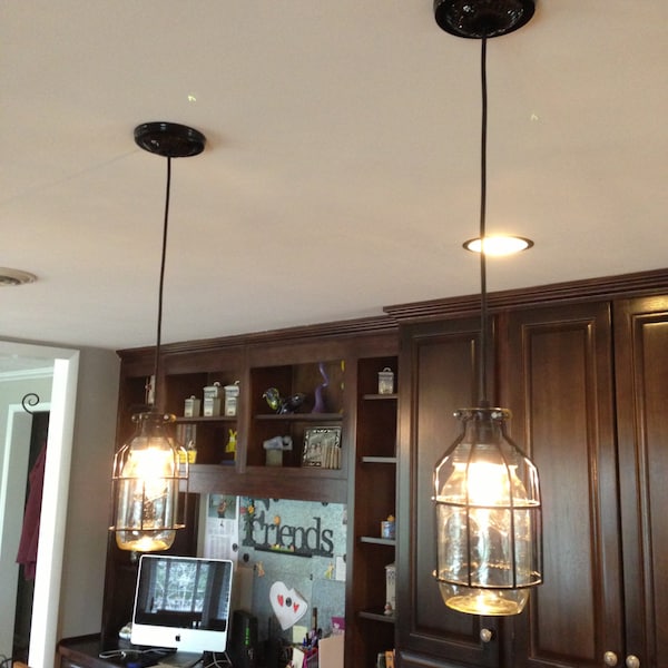 PAIR OF LIGHTS Mason Jar Light, Single Drop Chandeliers, Industrial Design