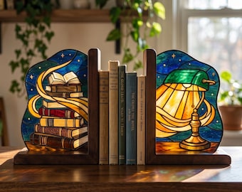 Books and Lamp Stained Glass Bookends, Night Reading Decor for Book Lovers Desktop Gift