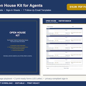 Könnte beinhalten: Ein Open-House-Kit für Immobilienmakler mit einer dunkelblauen Titelseite mit goldenen Rändern, einem Besucher-Anmeldeformular und Checklisten. Das digitale PDF-Paket enthält ein 12-seitiges Handbuch, druckfertige Formulare und E-Mail-Vorlagen.