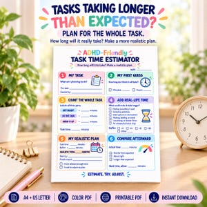 May include: A white ADHD-Friendly Task Time Estimator worksheet with colourful headers and icons. The text includes 'TASKS TAKING LONGER THAN EXPECTED?', 'PLAN FOR THE WHOLE TASK', and six numbered sections for planning tasks, estimating time, and comparing results.