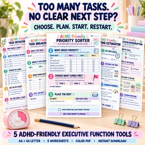 Può includere: Un set di cinque fogli di lavoro per le funzioni esecutive adatti all'ADHD con intestazioni colorate ed elenchi di attività strutturati. La pagina centrale è intitolata ADHD-Friendly Priority Sorter, accompagnata da un timer rosa, una matita e due clip.