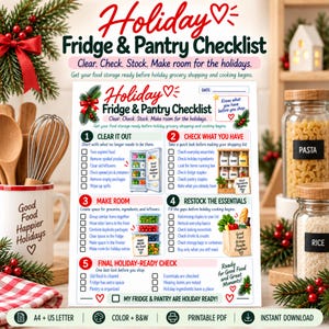 May include: A printable Holiday Fridge & Pantry Checklist featuring five numbered steps for organising food storage. The document includes checkboxes, illustrations of a refrigerator and pantry, and text prompts to clear, check, stock, and make room.