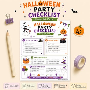 Puede incluir: Una lista de verificación para fiesta de Halloween impresa en papel blanco con texto y gráficos en naranja, morado y verde. Incluye secciones para organizar el espacio, comida, bebidas, elementos esenciales y una revisión final con fantasmas.